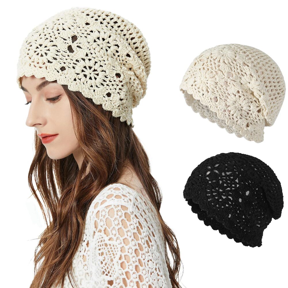 1602 Cotton Crochet Slouchy Beanie Hat Handmade Knit Cutout Summer Floral